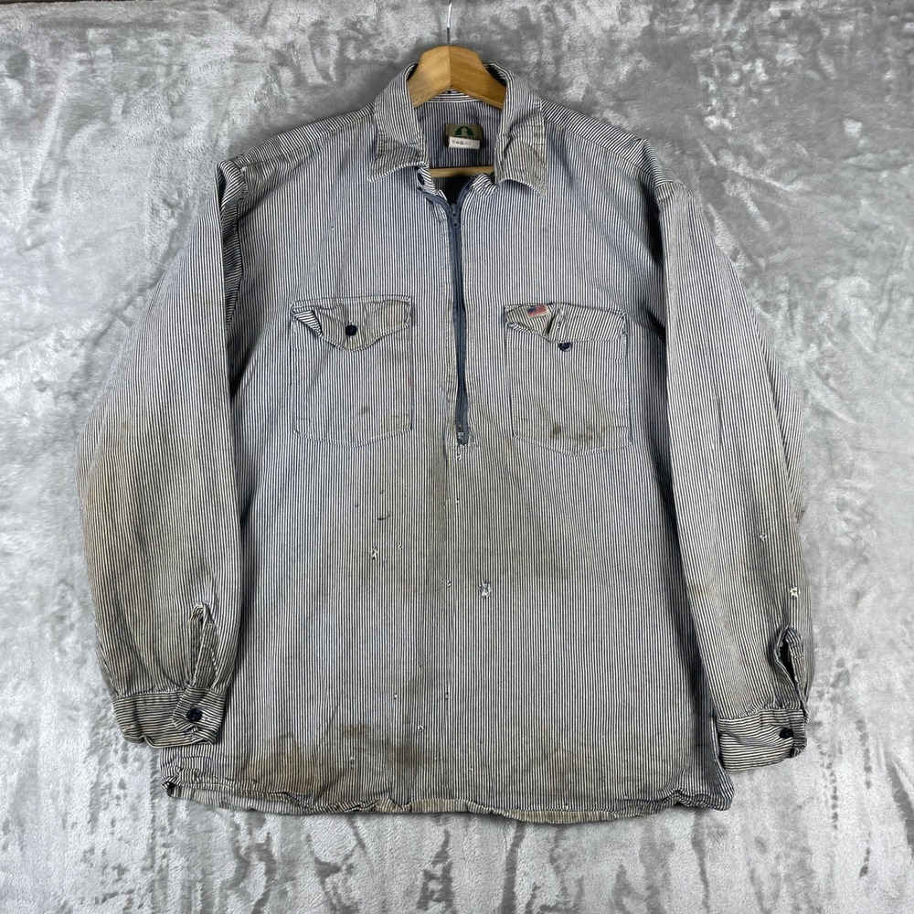 Vintage Whistle Workwear Shirt Mens Large Blue Hickory Stripe USA Zip Pullover